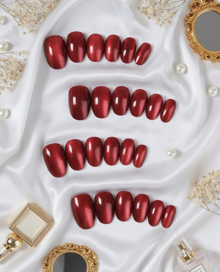 Almonds Glossy wine red 24pcs Y2K Long Aesthetic Crystal Cat Eye Acrylic Press On Nails Long Almond Nail Design Perfect Fit Shine And Beautiful