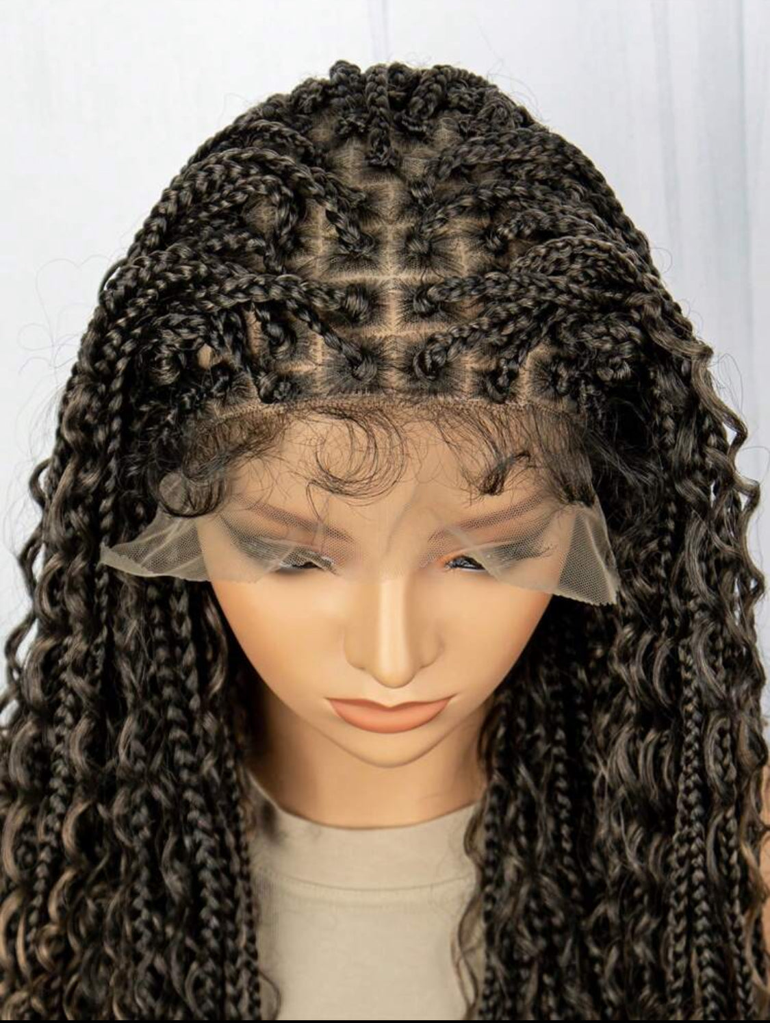 Boho Lace Braided Wig, Wavy Crochet Braids Wig With Baby Hair, Handmade No-Knot Braids