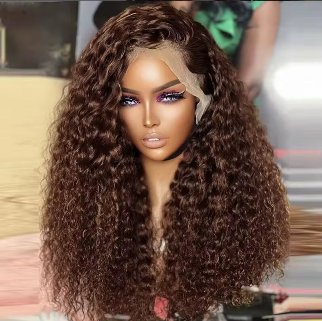 13x4  frontal Chocolate Brown Deep Wave Frontal Wig Curly Lace Front Human Hair Water Wave Brazilian .