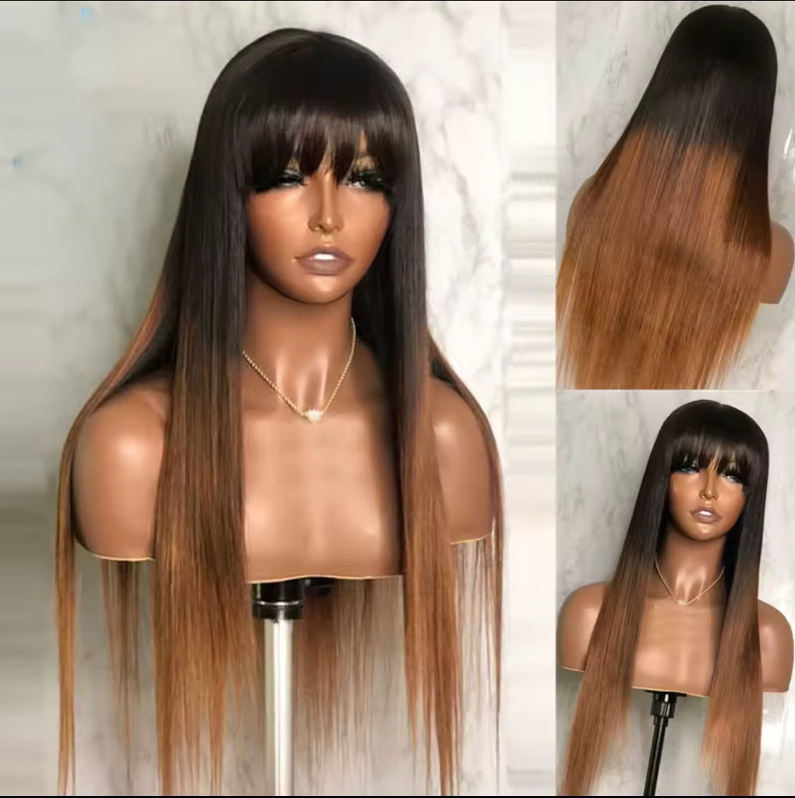 Premium Quality Synthetic Ombre Brown Soft 26 inche Long Silky Straight 180Density Machine Wig With Bangs For Women High Temperature Cosplay Glueless