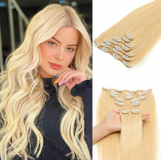 Blonde Premium quality  Straight, 100% Human Hair Clip-In Extensions , , 7-Piece Set, 120gr
