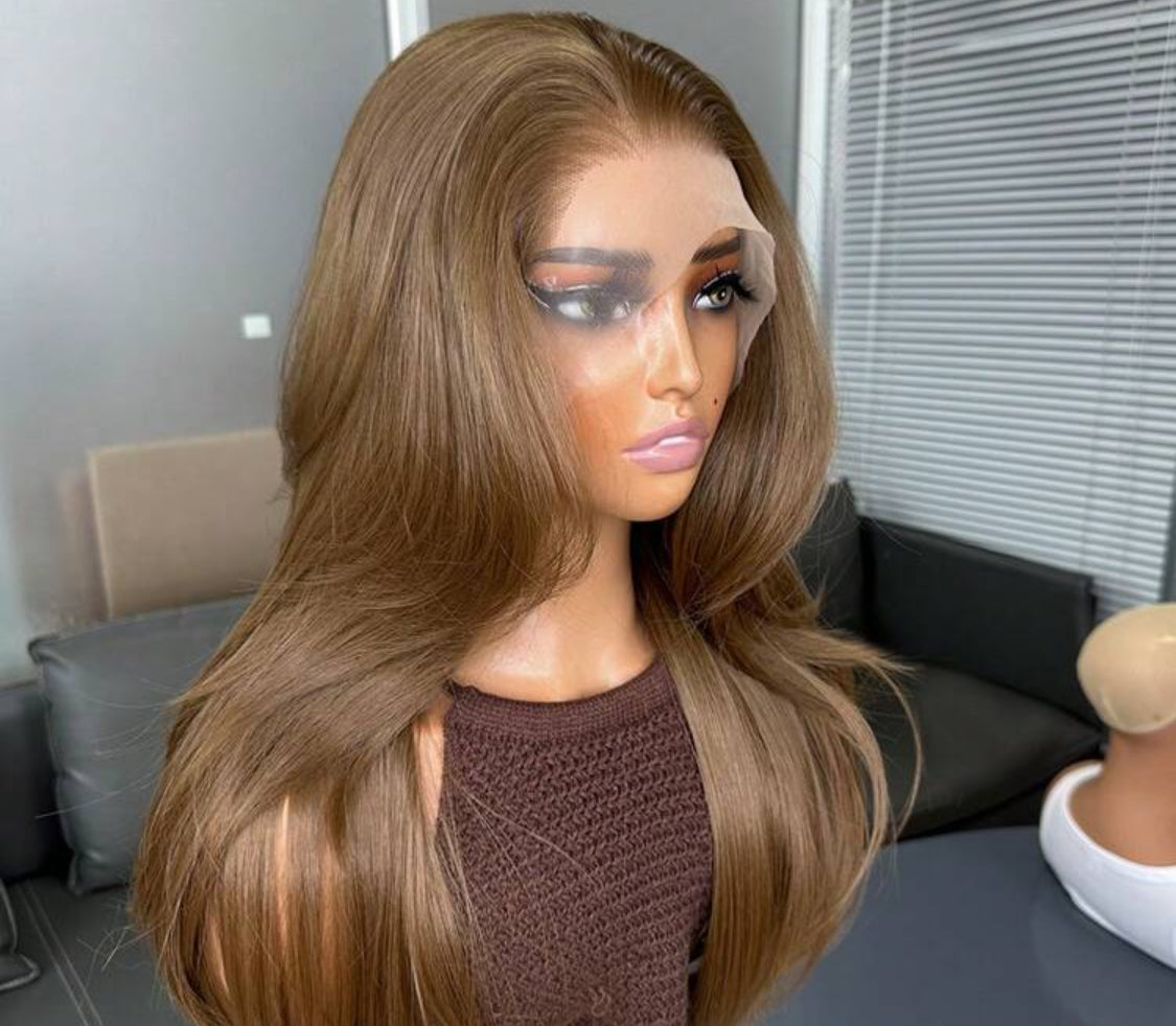 Hair Resistant Synthetic Hair Blonde Ombre 13x4 Synthetic Lace Front Wigs Bangs Glueless Middle Part 150% Density HD Transparent  Wigs