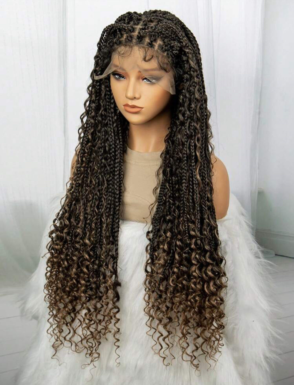 Boho Lace Braided Wig, Wavy Crochet Braids Wig With Baby Hair, Handmade No-Knot Braids