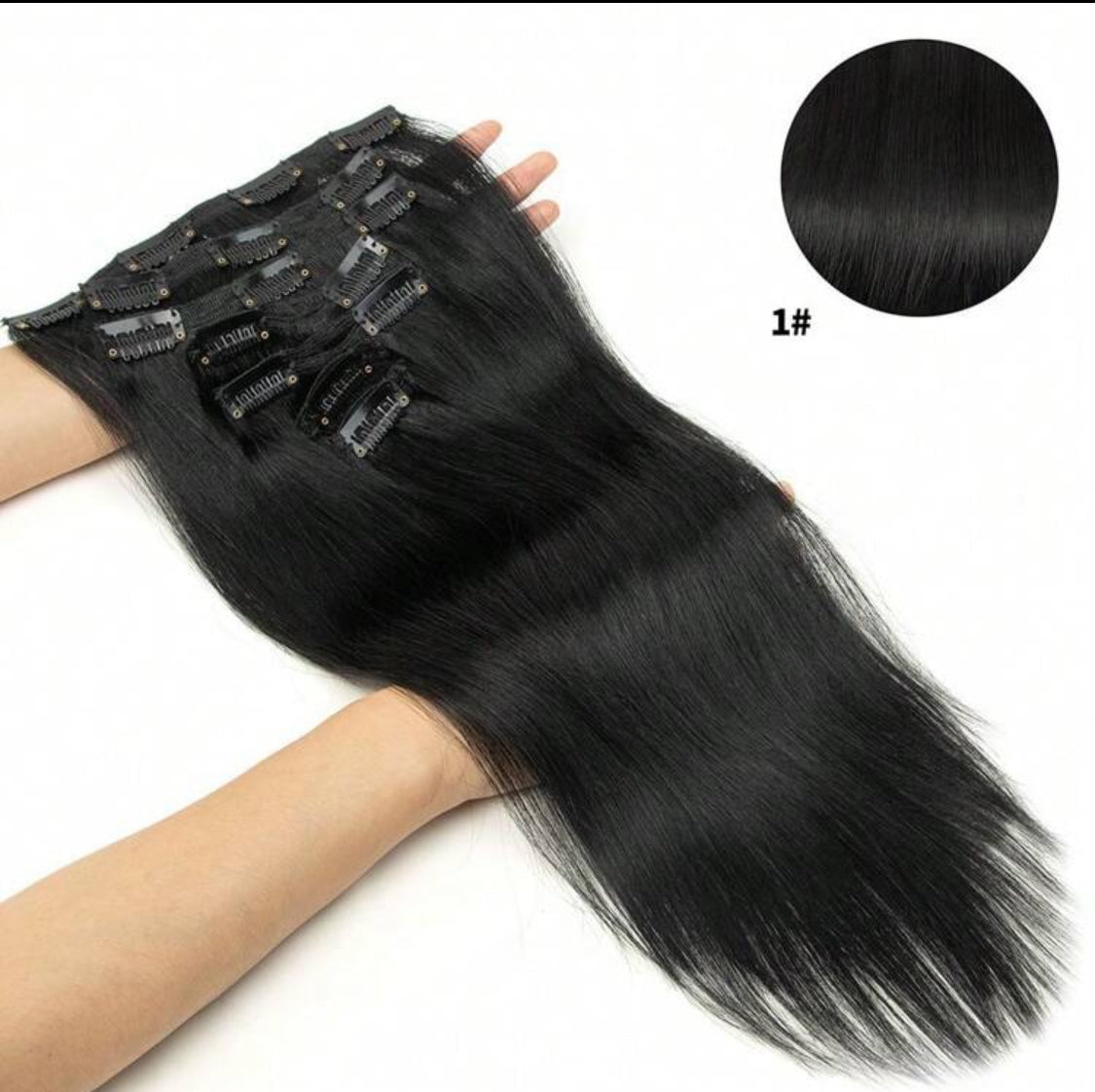 100% Human Hair Clip-In Extensions – Silky Straight, Natural Black, 7-Piece Set, 120gr