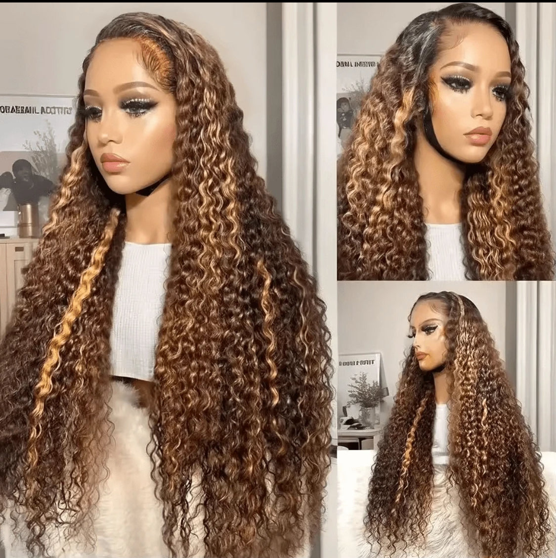 Deep Curly 7x5 Glueless Highlight  Human Hair  wig P4/27 Color Pre-Plucked HD Lace Closure Wig With Baby Hair Wear And Go Glueless Curly Wig  Real Brazilian Remy Hair 180% Density