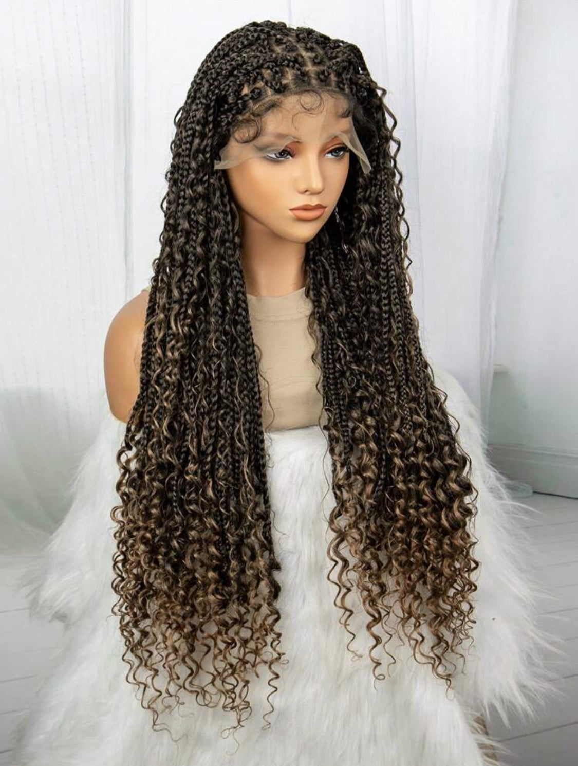 Boho Lace Braided Wig, Wavy Crochet Braids Wig With Baby Hair, Handmade No-Knot Braids