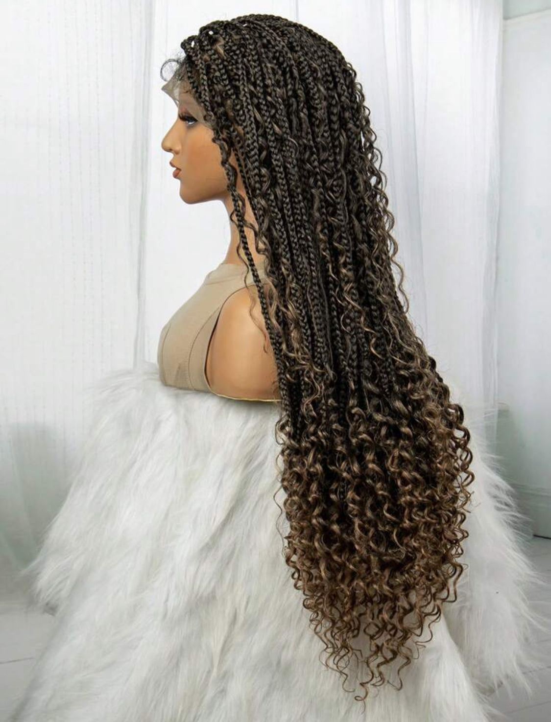 Boho Lace Braided Wig, Wavy Crochet Braids Wig With Baby Hair, Handmade No-Knot Braids