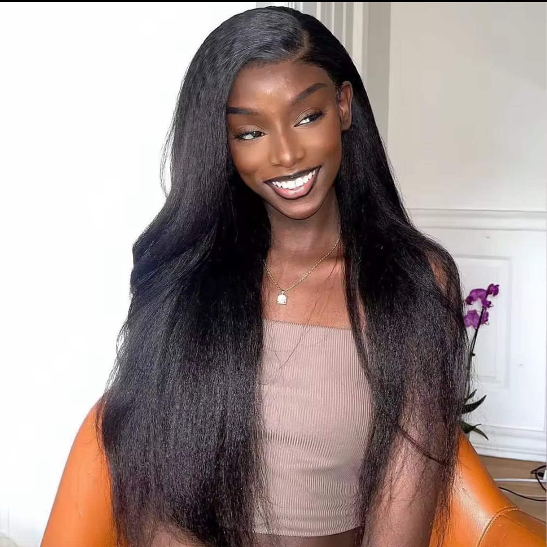 Kinky Straight Peruvian  Full Lace Wig Human Hair Preplucked Yaki Straight Wig Human Hair 13x6 Hd Lace Frontal Wig