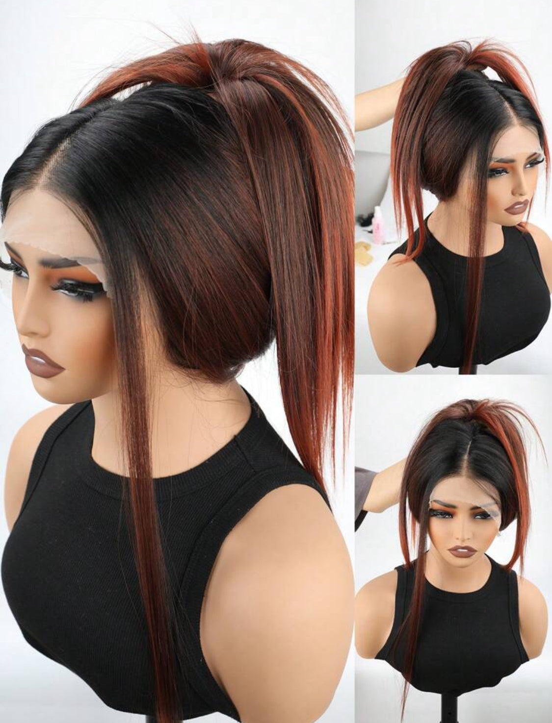 Ombre Red Premium Synthetic T-Part Lace Wig Pre-Plucked Long Straight Wig For Straight Hair Wigs 30inch Ready To Wear Wigs