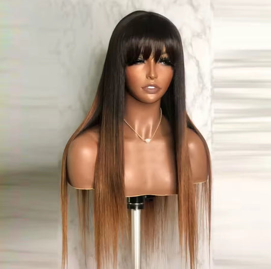Premium  Quality Synthetic Ombre Brown Soft 26 inche Long Silky Straight 180Density Machine Wig With Bangs For Women High Temperature Cosplay Glueless