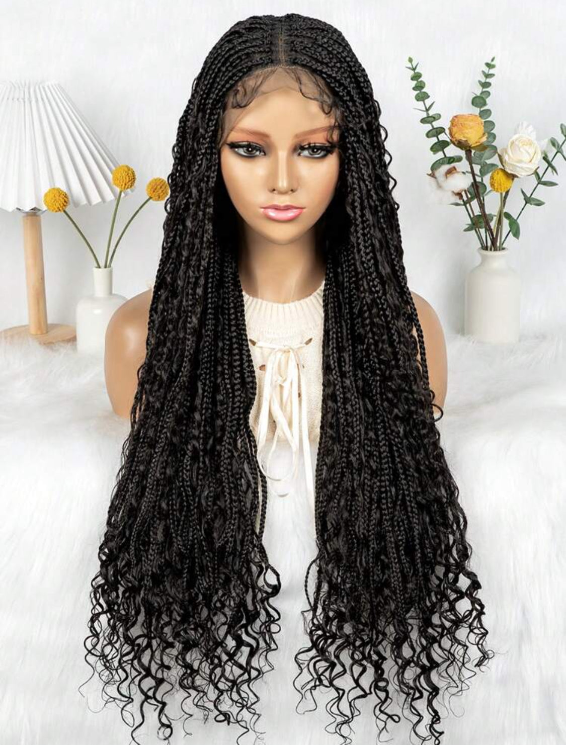 Boho Lace Braided Wig, Wavy Crochet Braids Wig With Baby Hair, Handmade No-Knot Braids