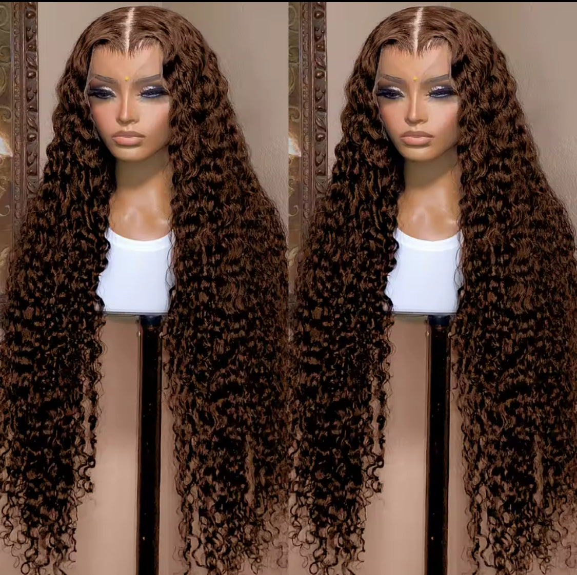 Chocolate Brown Water Curly Wigs HD Human Hair Lace Frontal Wig 13x4 Deep Wave Colored Wig , 200 Density