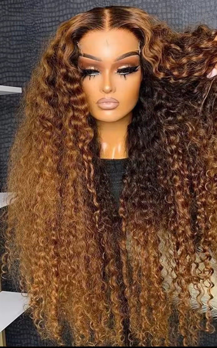 Highlight Honey Brown Curly Lace Front Human Hair Wigs 13x4 Ombre Colored Deep Wave Lace Frontal Wig 180 Density