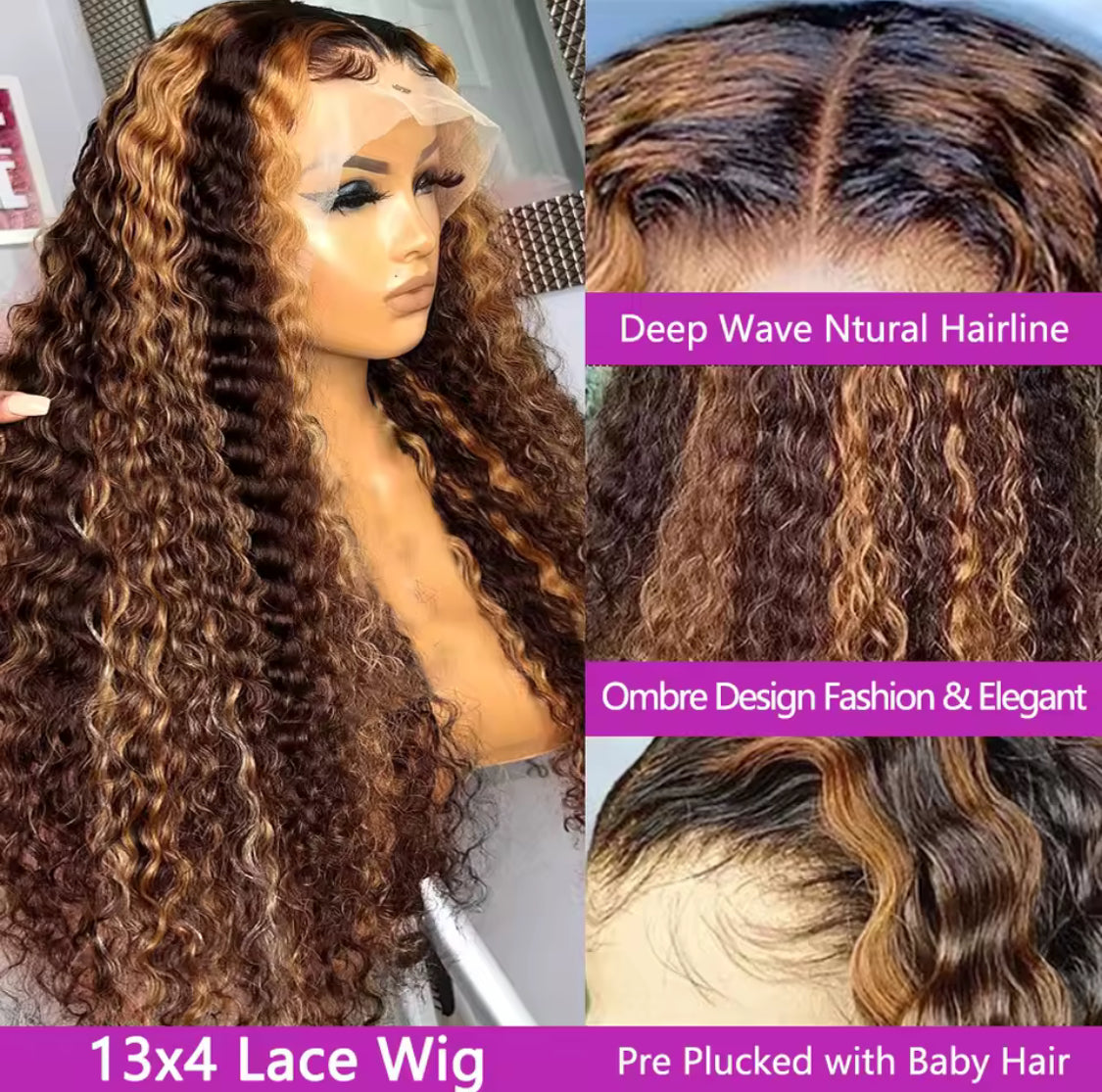 Highlight Honey Brown Curly Lace Front Human Hair Wigs 13x4 Ombre Colored Deep Wave Lace Frontal Wig 180 Density