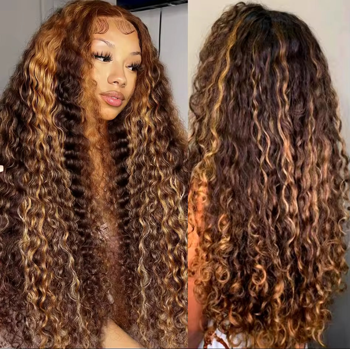 Highlight Honey Brown Curly Lace Front Human Hair Wigs 13x4 Ombre Colored Deep Wave Lace Frontal Wig 180 Density