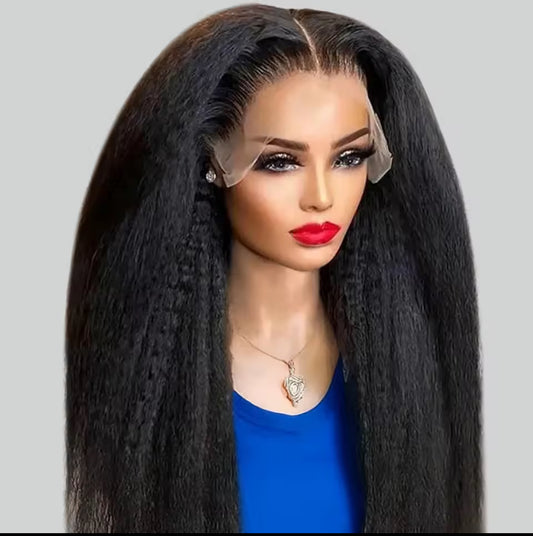 Kinky Straight Peruvian  Full Lace Wig Human Hair Preplucked Yaki Straight Wig Human Hair 13x6 Hd Lace Frontal Wig