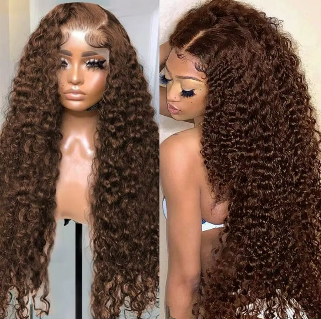 Chocolate Brown Water Curly Wigs HD Human Hair Lace Frontal Wig 13x4 Deep Wave Colored Wig , 200 Density