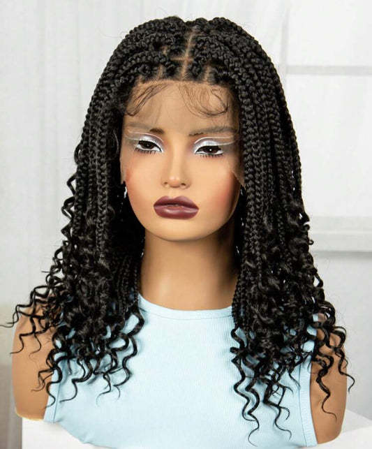 Short Knotless  Synthetic Box Braided Wigs  Braided Lace Wigs With Curly Ends Bob Braids Wigs Full Lace Wig 16 Inches.