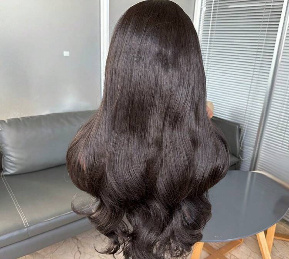 Synthetic Hair Resistant Lace Front Wigs For Women 18 Inch Medium Long Wavy Curtain Bangs Glueless Kanekalon Hair Resistant 150% Density Natural Hairline Glueless wig