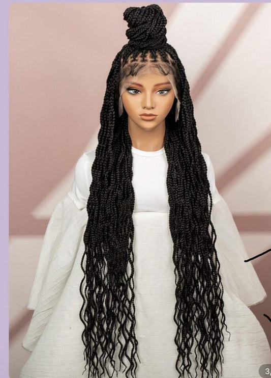 Premium Synthetic Handmade Lace Box Braids Short Three-Strand Twist Wig ,Bohemian Goddess River Box Braid Wig.