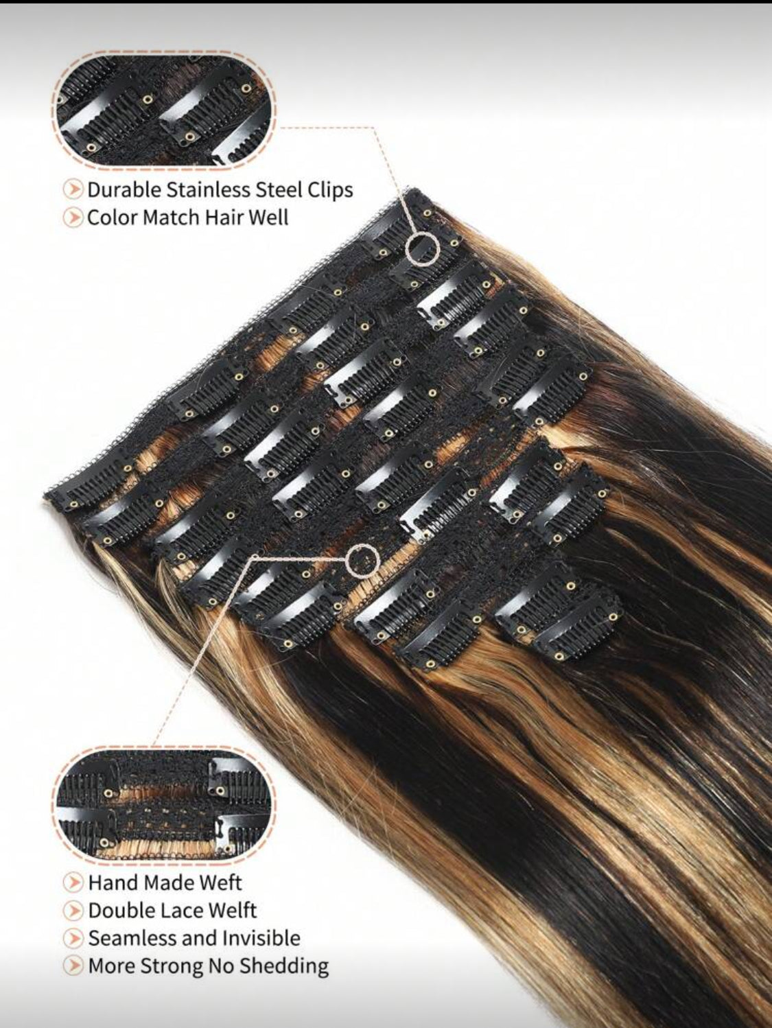 Highlight Clip In Real Human Hair 160g,  10 Pcs/Set Extensions Silky Straight Black Mixed With Brown Clip Ins Hair Extensions