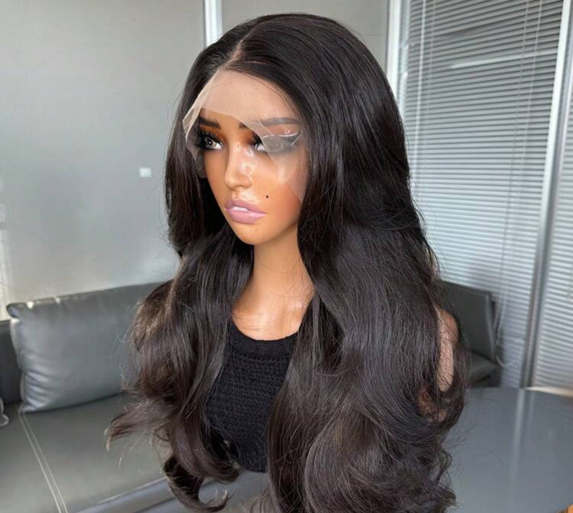 Synthetic Hair Resistant Lace Front Wigs For Women 18 Inch Medium Long Wavy Curtain Bangs Glueless Kanekalon Hair Resistant 150% Density Natural Hairline Glueless wig