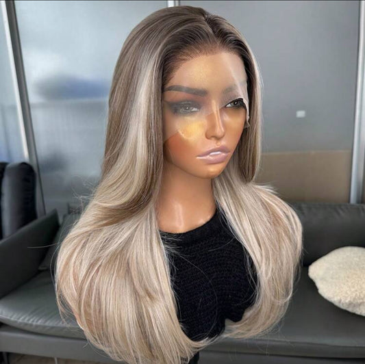 Kanekalon Hair Resistant Synthetic Hair Blonde Ombre 13x4 Synthetic Lace Front Wigs Bangs Glueless Middle Part 150% Density HD Transparent Wear And Go Wigs Heat Resistant Fiber Wigs