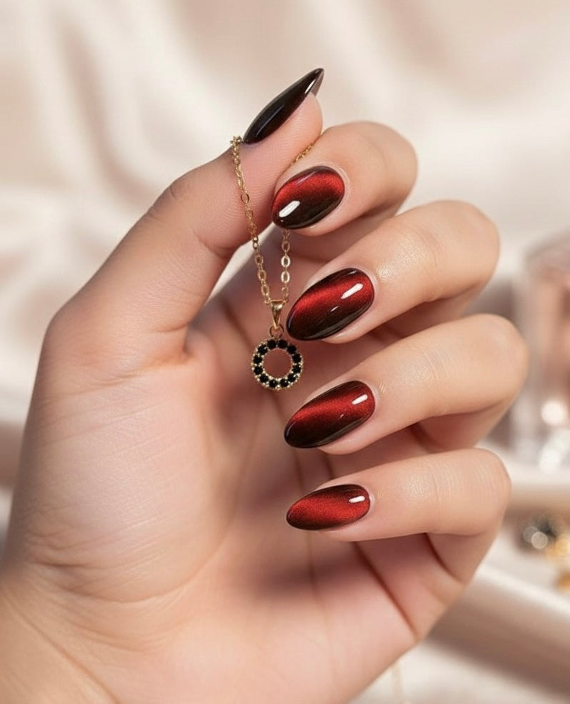 Almonds Glossy wine red  24pcs Y2K Long Aesthetic Crystal Cat Eye Acrylic Press On Nails Long Almond Nail Design Perfect Fit Shine And Beautiful