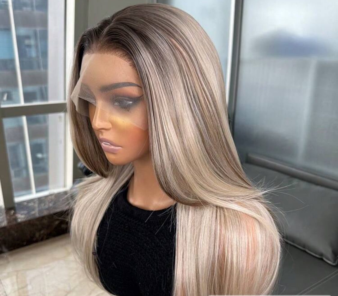 Kanekalon Hair Resistant Synthetic Hair Blonde Ombre 13x4 Synthetic Lace Front Wigs Bangs Glueless Middle Part 150% Density HD Transparent Wear And Go Wigs Heat Resistant Fiber Wigs