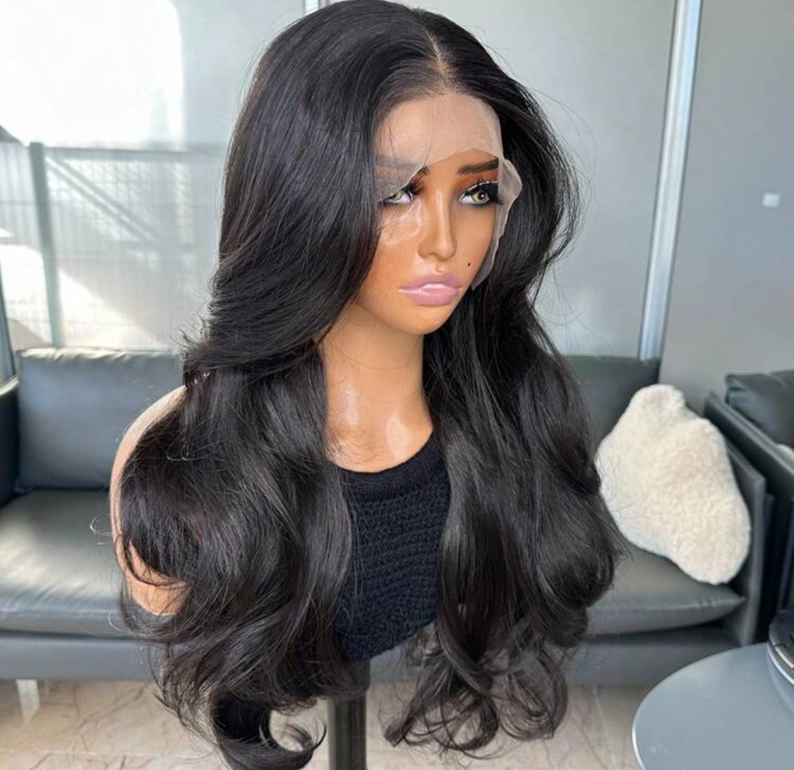 Synthetic Hair Resistant Lace Front Wigs For Women 18 Inch Medium Long Wavy Curtain Bangs Glueless Kanekalon Hair Resistant 150% Density Natural Hairline Glueless wig