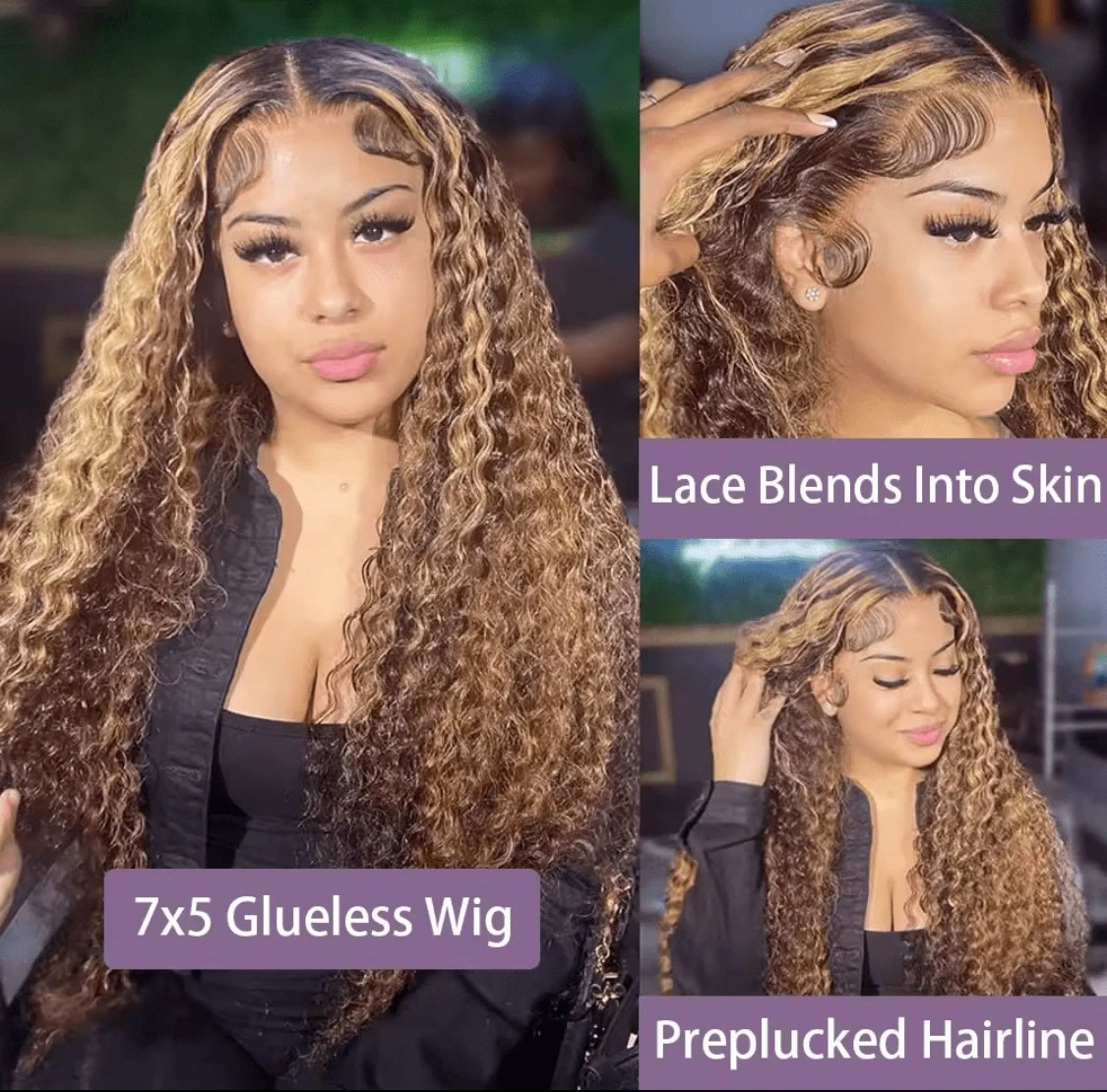 Deep Curly 7x5 Glueless Highlight  Human Hair  wig P4/27 Color Pre-Plucked HD Lace Closure Wig With Baby Hair Wear And Go Glueless Curly Wig  Real Brazilian Remy Hair 180% Density