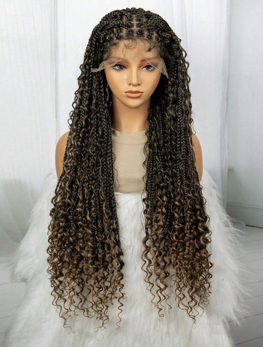 Boho Lace Braided Wig, Wavy Crochet Braids Wig With Baby Hair, Handmade No-Knot Braids