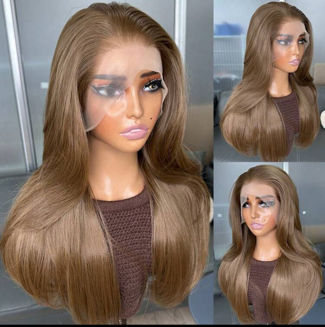 Hair Resistant Synthetic Hair Blonde Ombre 13x4 Synthetic Lace Front Wigs Bangs Glueless Middle Part 150% Density HD Transparent  Wigs