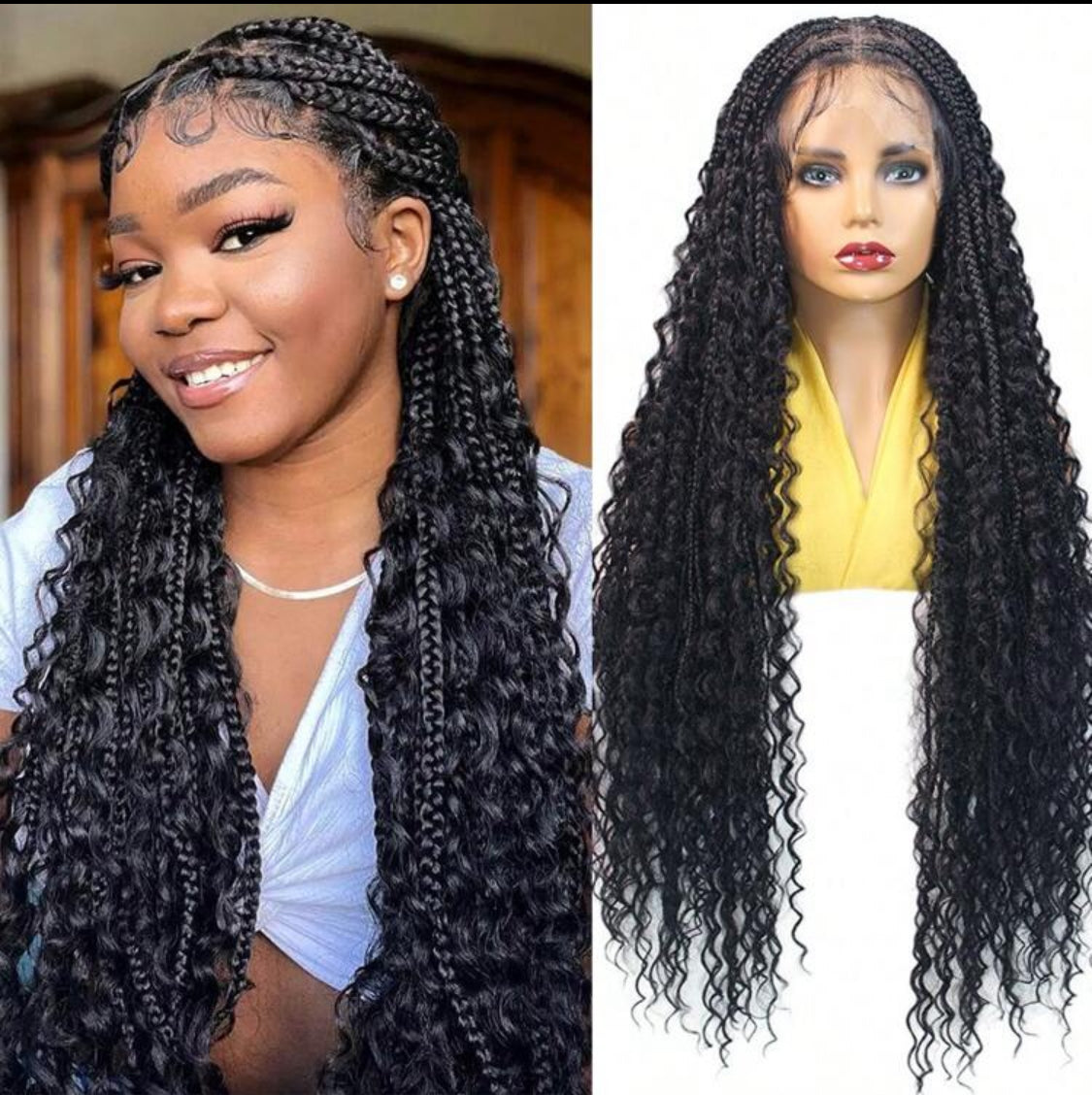 Boho Lace Braided Wig, Wavy Crochet Braids Wig With Baby Hair, Handmade No-Knot Braids