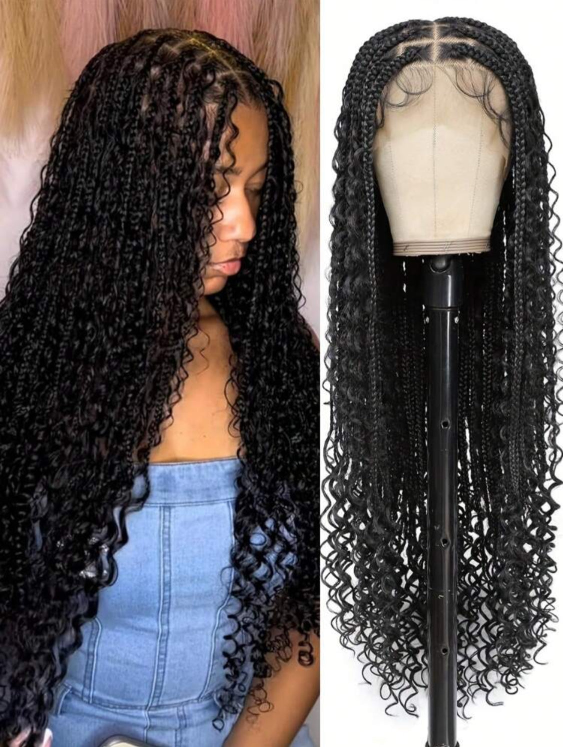 Boho Lace Braided Wig, Wavy Crochet Braids Wig With Baby Hair, Handmade No-Knot Braids