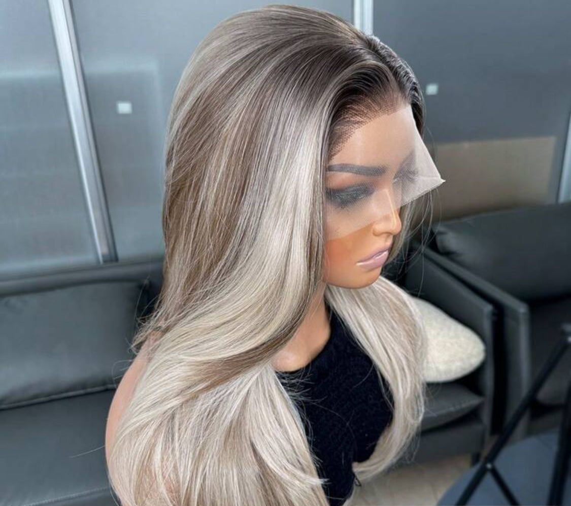 Kanekalon Hair Resistant Synthetic Hair Blonde Ombre 13x4 Synthetic Lace Front Wigs Bangs Glueless Middle Part 150% Density HD Transparent Wear And Go Wigs Heat Resistant Fiber Wigs
