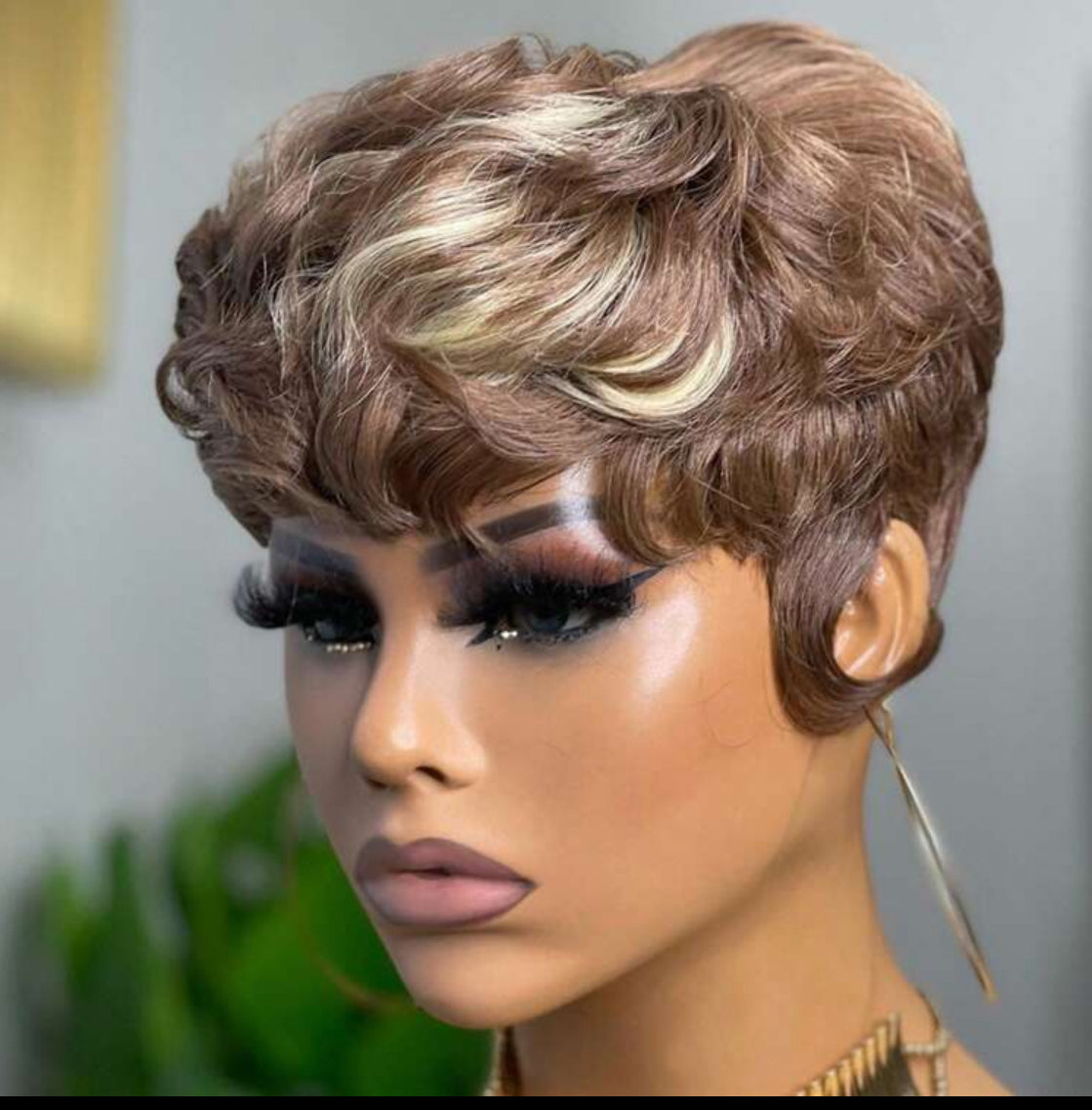 Brown Pixie Cut Human hair wig short trend Wave Wig 6inches pixie cut