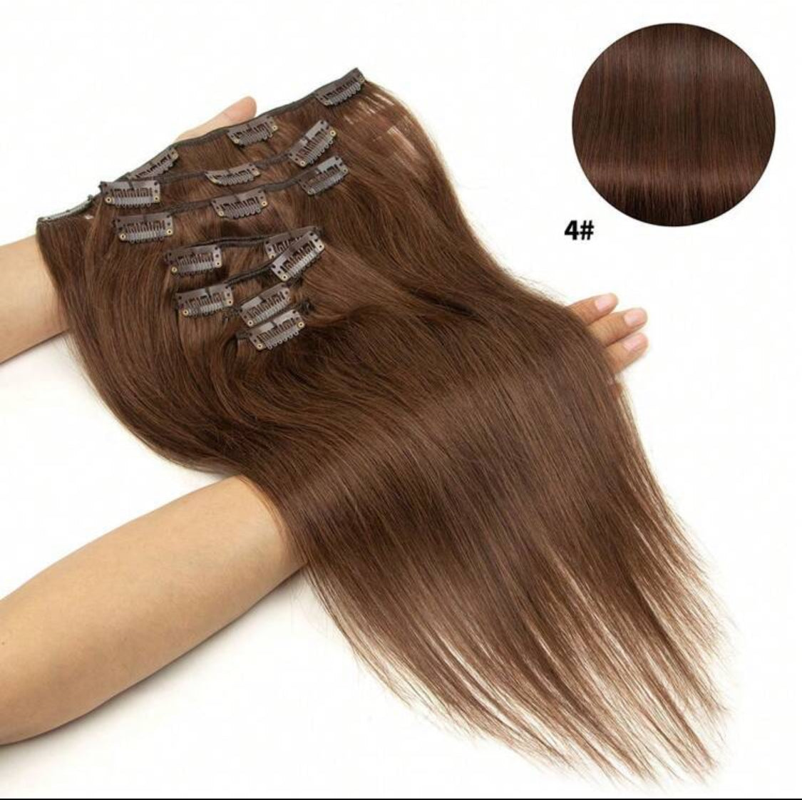 Chocolate  Silky  100% Human Hair Clip-In Extensions – Silky Straight, Natural Black, 7-Piece Set, 120gr