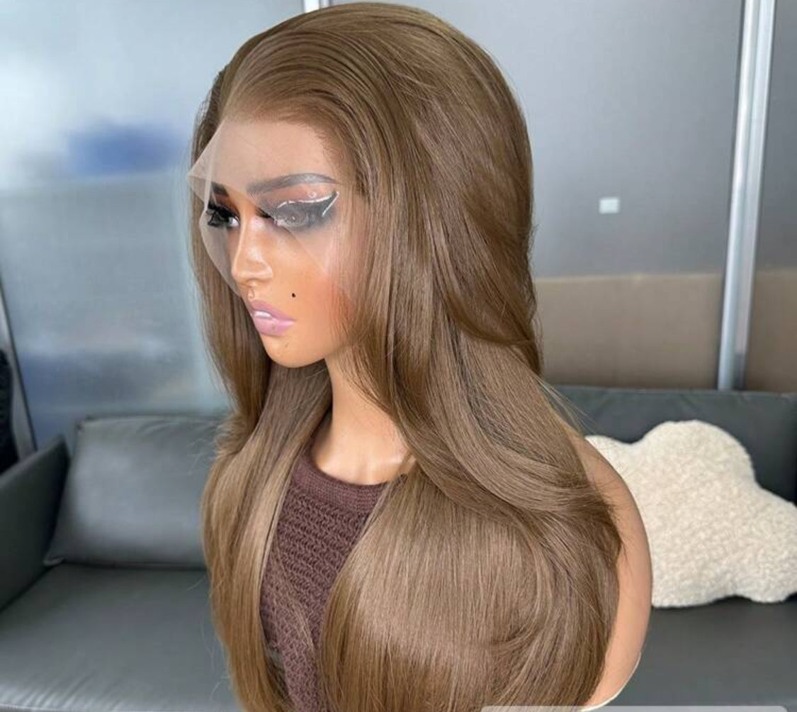 Hair Resistant Synthetic Hair Blonde Ombre 13x4 Synthetic Lace Front Wigs Bangs Glueless Middle Part 150% Density HD Transparent  Wigs