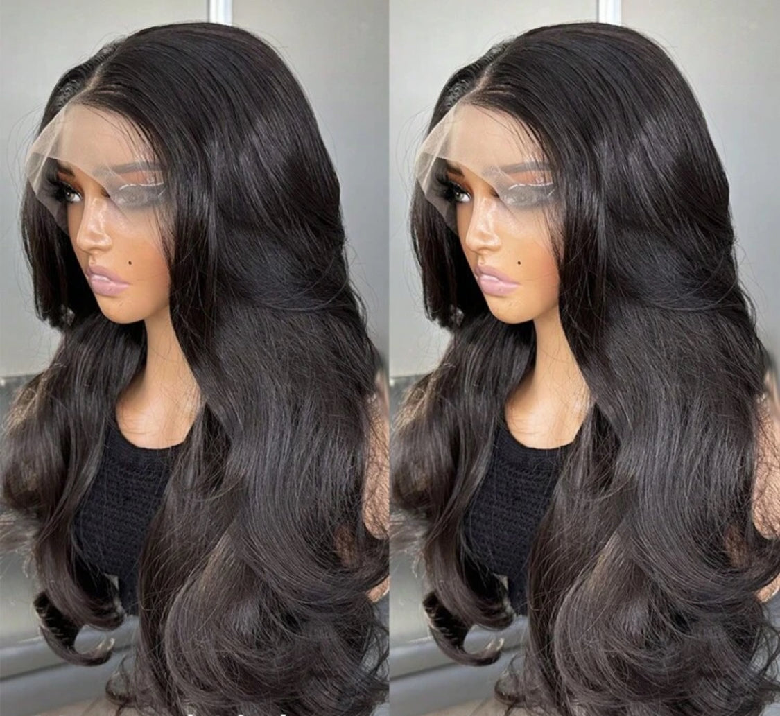 Synthetic Hair Resistant Lace Front Wigs For Women 18 Inch Medium Long Wavy Curtain Bangs Glueless Kanekalon Hair Resistant 150% Density Natural Hairline Glueless wig