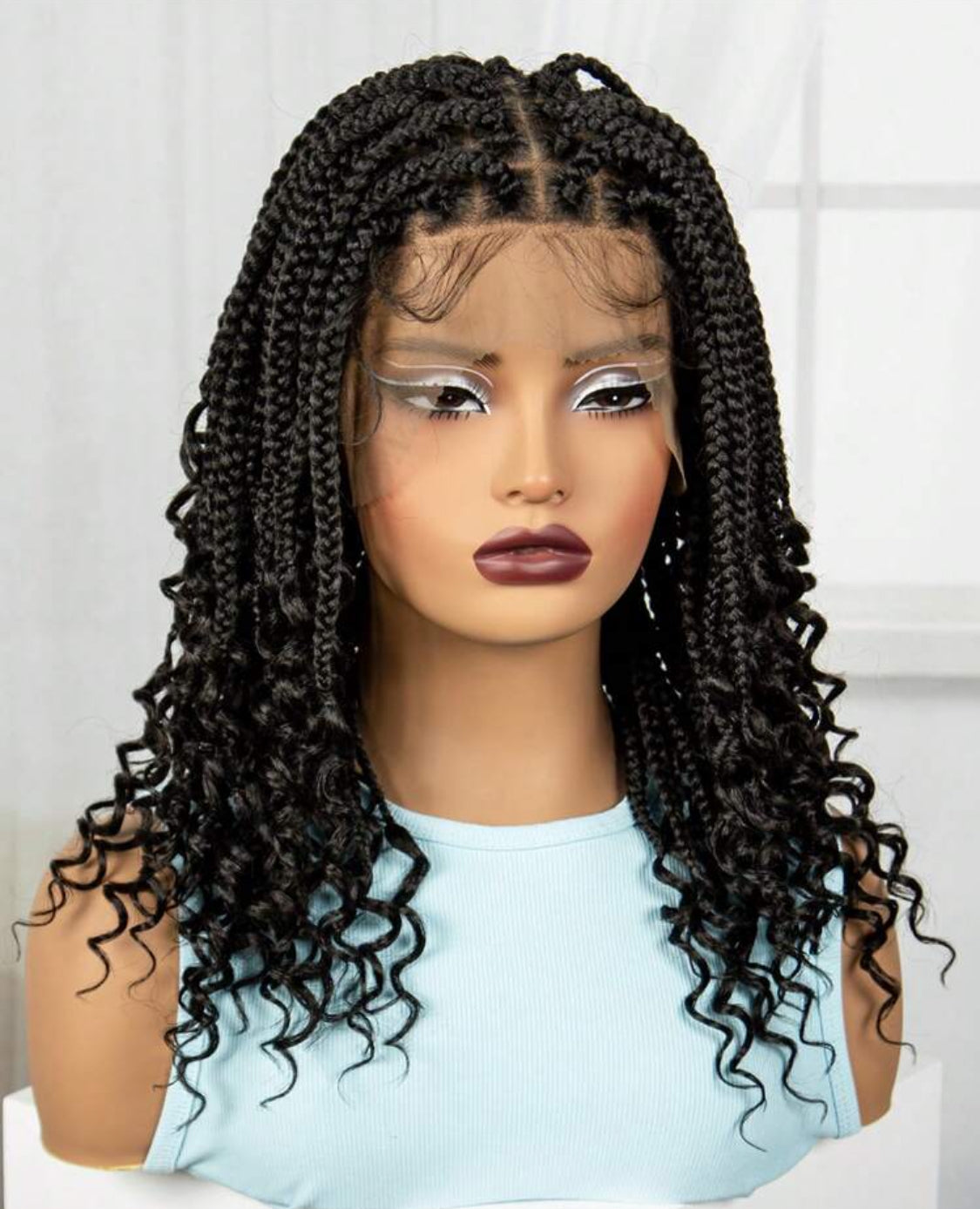 Short Knotless  Synthetic Box Braided Wigs  Braided Lace Wigs With Curly Ends Bob Braids Wigs Full Lace Wig 16 Inches.