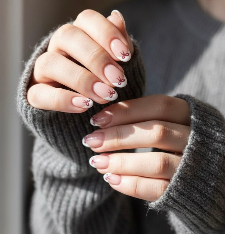 Lux white  French  press on nails 24Pcs Short Oval Cute Bow Pattern Design White French Tip Press On Nails Short Fit Perfectly Acrylic Nail Set .