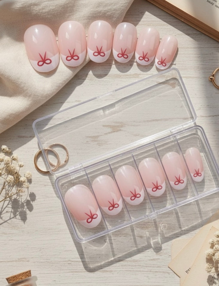 Lux white  French  press on nails 24Pcs Short Oval Cute Bow Pattern Design White French Tip Press On Nails Short Fit Perfectly Acrylic Nail Set .