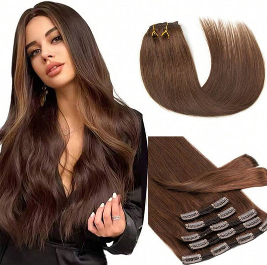 Chocolate  Silky  100% Human Hair Clip-In Extensions – Silky Straight, Natural Black, 7-Piece Set, 120gr