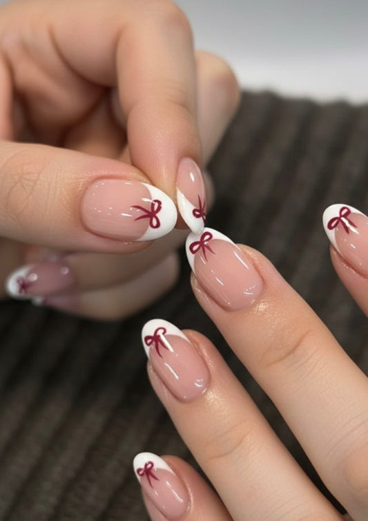Lux white  French  press on nails 24Pcs Short Oval Cute Bow Pattern Design White French Tip Press On Nails Short Fit Perfectly Acrylic Nail Set .