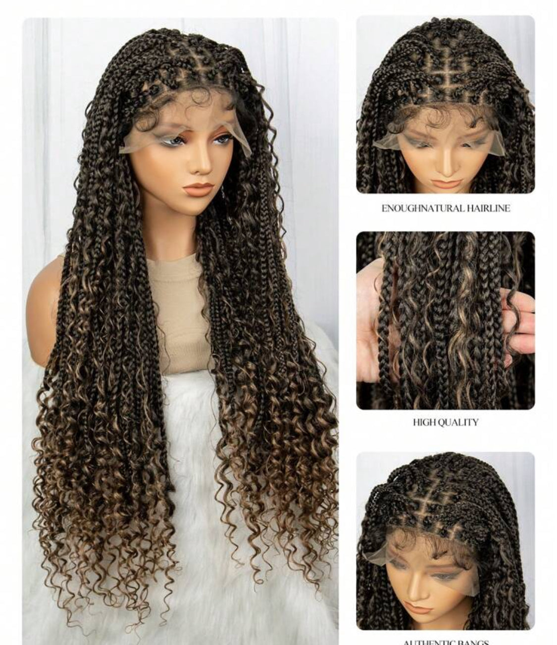 Boho Lace Braided Wig, Wavy Crochet Braids Wig With Baby Hair, Handmade No-Knot Braids