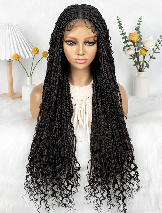 Boho Lace Braided Wig, Wavy Crochet Braids Wig With Baby Hair, Handmade No-Knot Braids