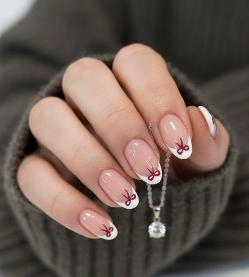 Lux white  French  press on nails 24Pcs Short Oval Cute Bow Pattern Design White French Tip Press On Nails Short Fit Perfectly Acrylic Nail Set .