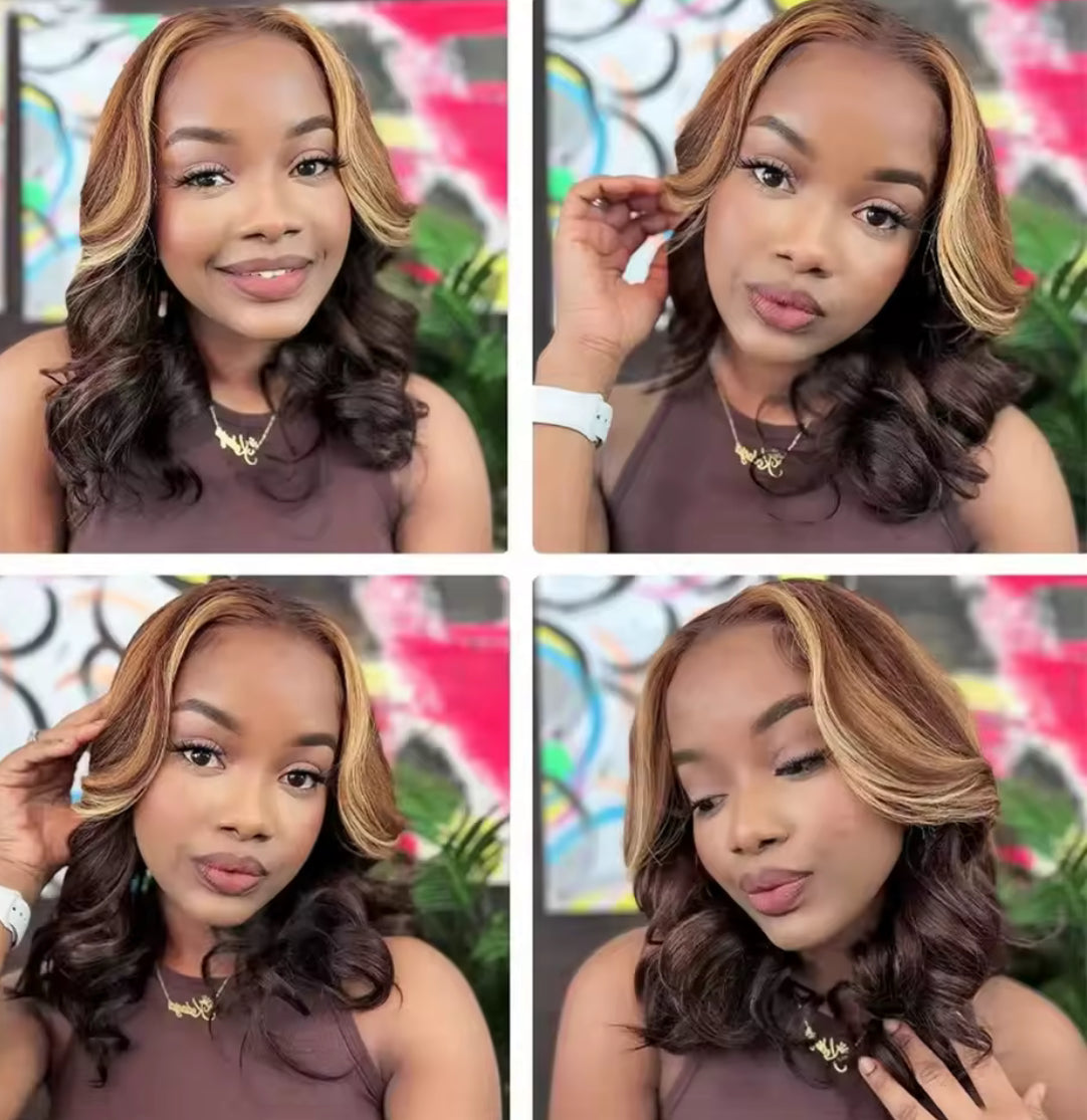 4/27 Color Short  body wave Bob Wig Ombre Blonde 13x4 Lace Frontal Wig Highlight Brown Mix Blonde 100% Human Hair Preplucked Bob